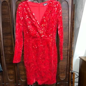 Dress the Population Red Long Sleeve Bodycon Dress with Sequins